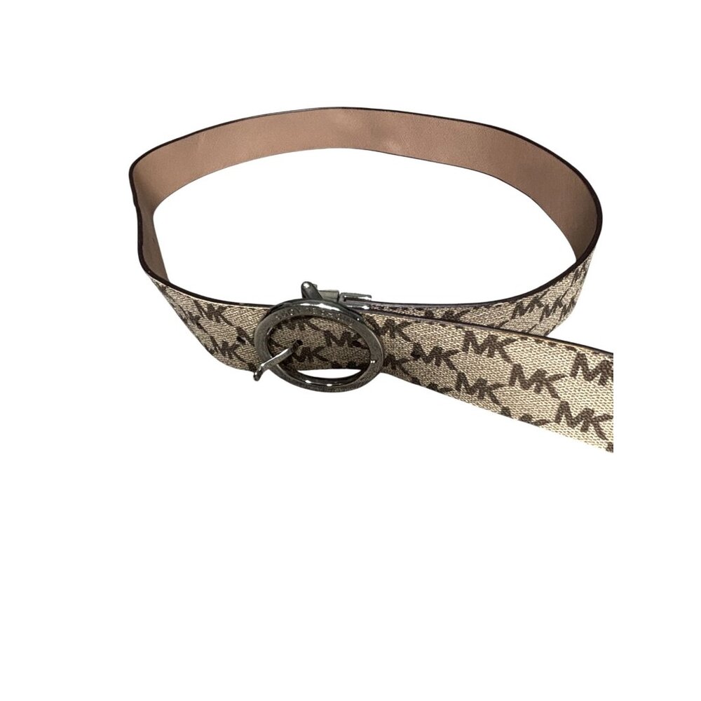 Michael Kors Womens MK Monogram Beige/Brown Reversible Belt With Silver Buckle